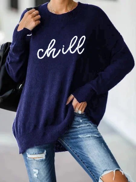 Women Long Sleeve Black Casual Printed Knitted plus size Sweater