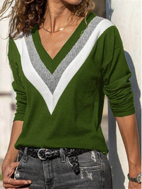 Long Sleeve V Neck Cotton-Blend Stripes Sweater