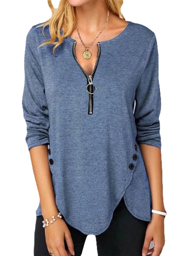 Blue V Neck Solid Long Sleeve Zipper T-shirt