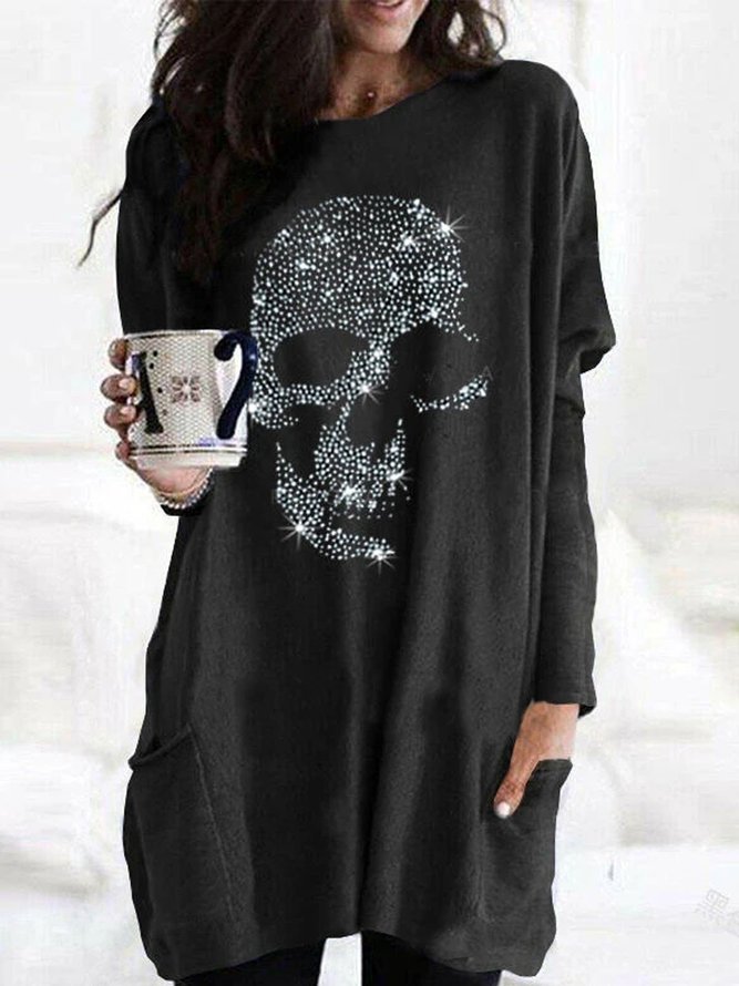 Solid color skull Halloween print long pocket decorated sweater