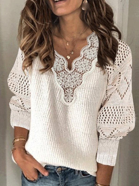 Women Solid Lace V-Neck Casual Sweater