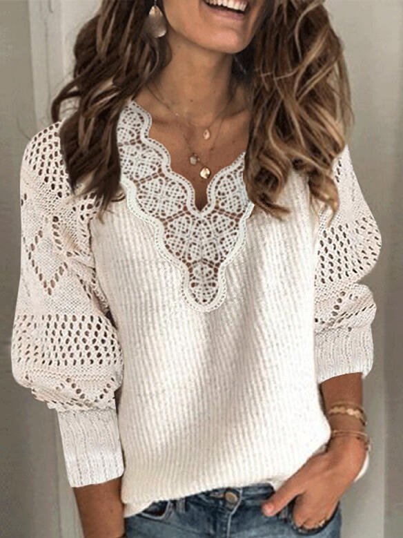 Women Solid Lace V-Neck Casual Sweater
