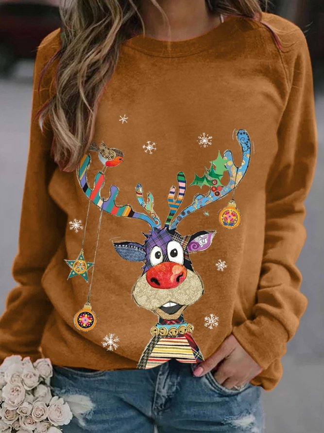 Women Deer Print Christmas Holiday Shift Casual Long Sleeve Sweatshirt