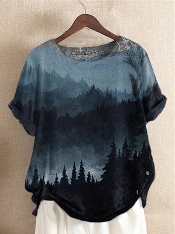Short Sleeve Casual Printed Ombre/tie-Dye T-shirt