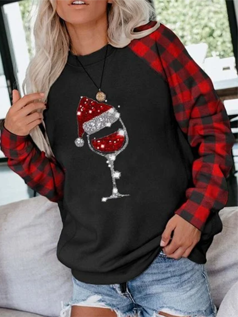 Ladies Christmas Wine Glass Print Sweatshirt