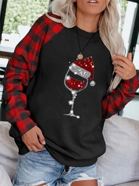 Ladies Christmas Wine Glass Print Sweatshirt