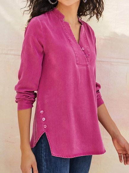 V Neck Buttoned Long Sleeve Tunic