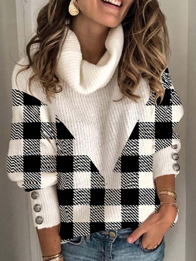 Color Block Grid Turtleneck Casual Sweater