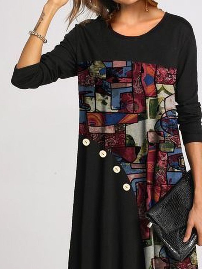 Casual stitching pullover round neck A-line skirt Shift Geometric Crew Neck Casual Knitting Dress