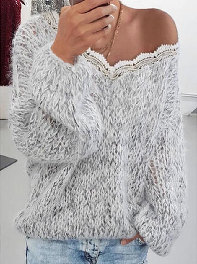 Solid Lace V-Neck Casual Sweater