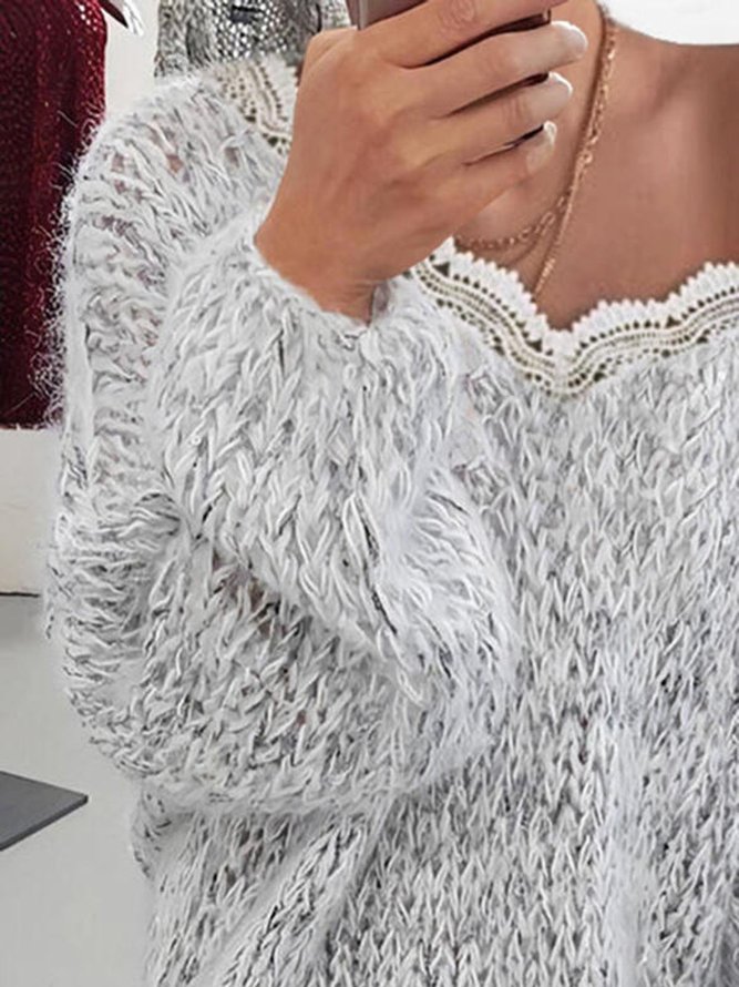 Solid Lace V-Neck Casual Sweater