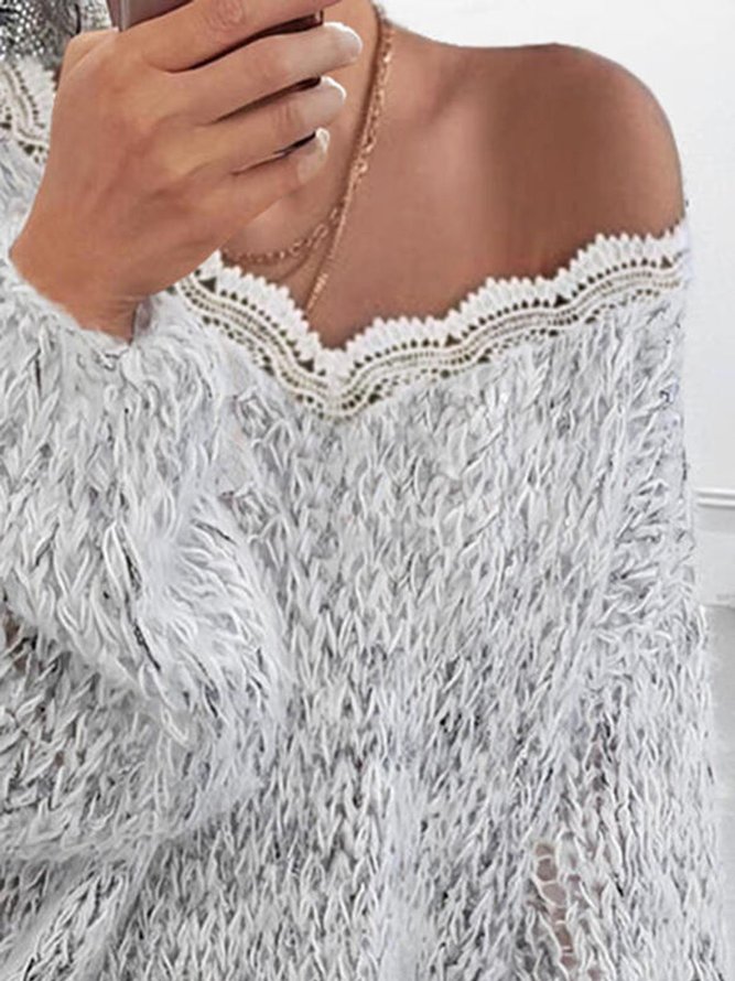 Solid Lace V-Neck Casual Sweater