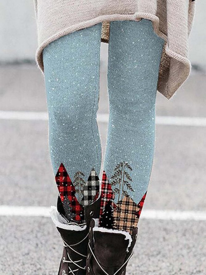 Women Christmas Tree Snowflakes Print Casual Long Leggings