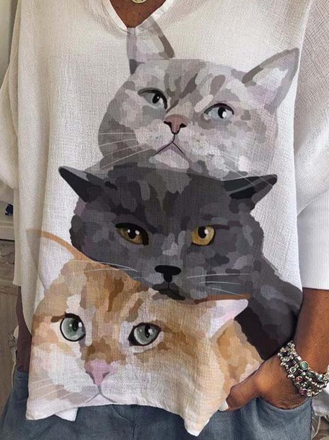 Cat Printed Long Sleeve Cotton-Blend Tops