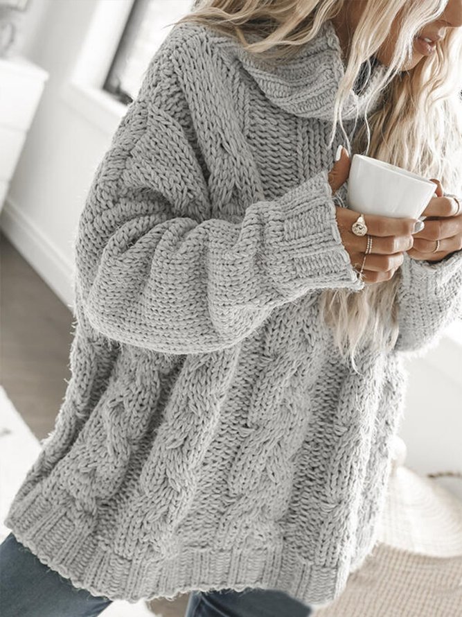 Women Casual Cable Knit Oversized High-Neck Long Sleeve Sweater