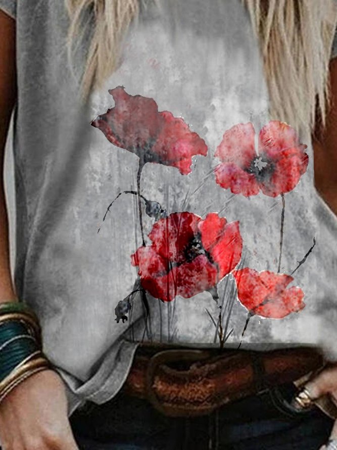 Print Floral Round Neck Short Sleeves Casual T-shirts