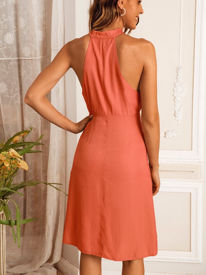 Pink Sweet A-Line V Neck Solid Weaving Dress