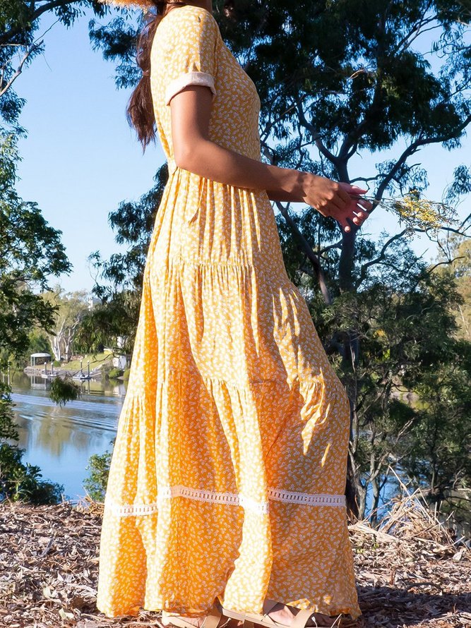 Polka Dots Boho Short Sleeve Cotton-Blend Weaving Dress