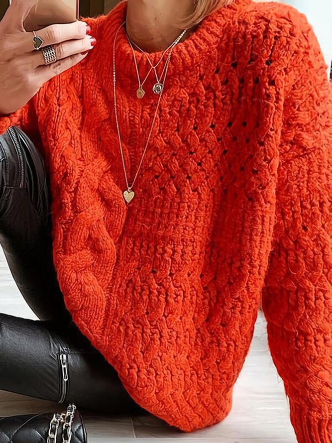 Solid Cable-knit Round Neck Casual Sweater