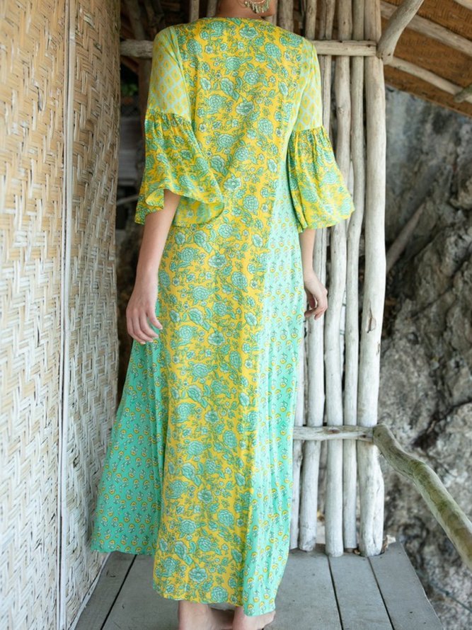 Casual Cotton-Blend Half Sleeve Floral Weaving Dress
