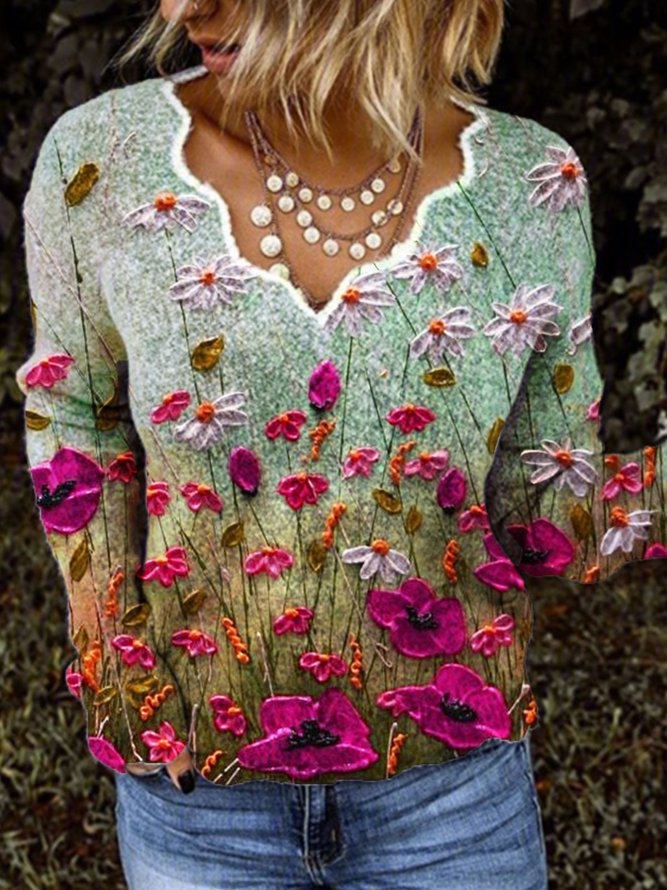 New Women Fashion Plus Size Casual Floral Vintage Long Sleeve V Neck Shirts Tops | Clothing 