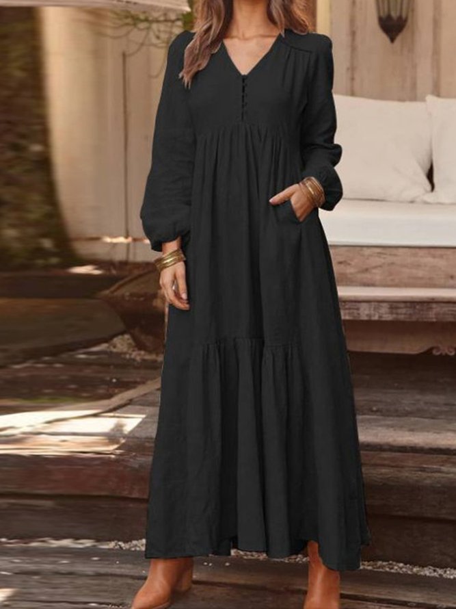 Women V Neck Long Sleeve Pockets Ruched Maxi Dress