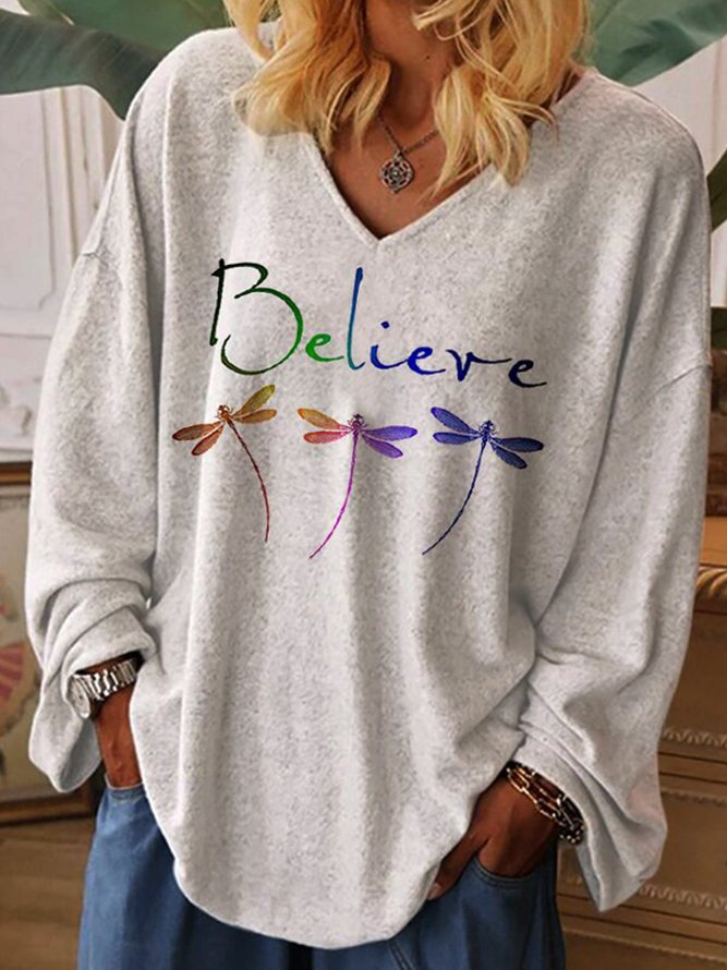 Women Casual Animal Autumn V neck Micro-Elasticity Daily Casual Loose Cotton-Blend Sweatshirts