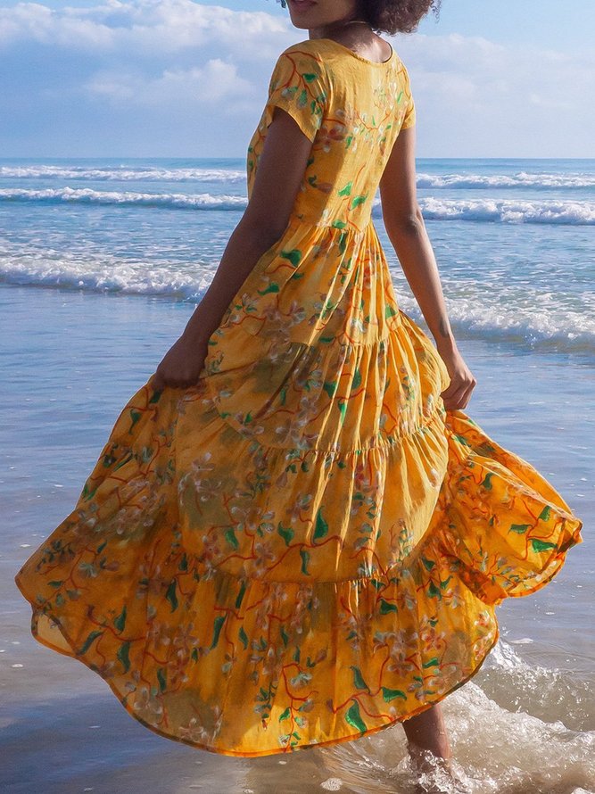 Shift Short Sleeve Cotton-Blend Floral Weaving Dress