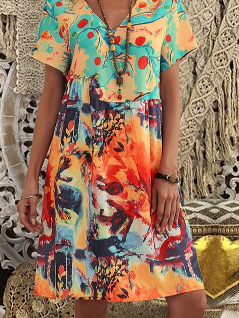 Casual Color Block Shirt V-Neckline Shift Dress