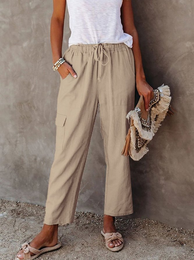Solid Color Drawstring Multiple Pockets Casual Overalls Pants
