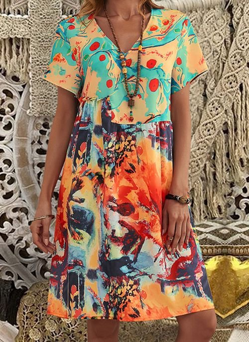 Casual Color Block Shirt V-Neckline Shift Dress