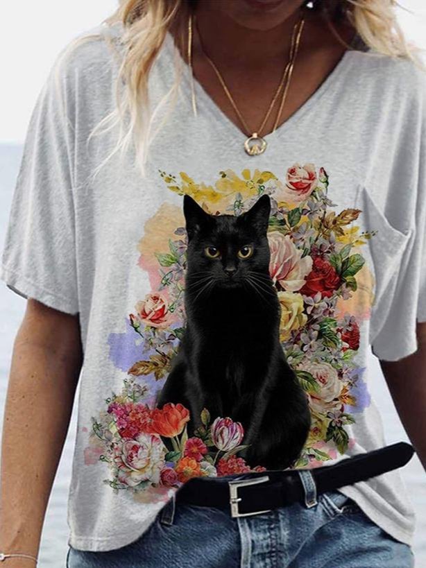 V Neck Cat Printed Cotton-Blend Casual Shirts & Tops | roselinlin