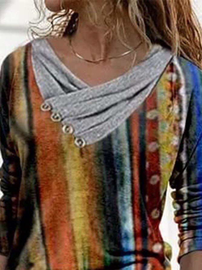 Color Block Casual V-Neckline Long Sleeve blouse