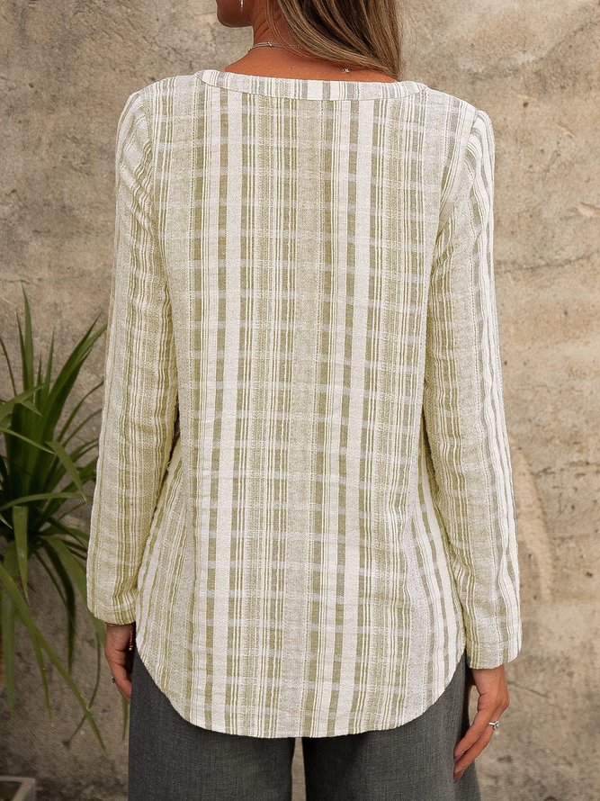 V Neck Stripe Cotton Long Sleeve Shirts & Tops
