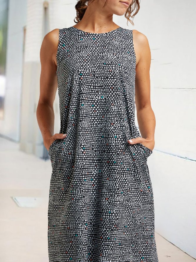 Geometric Printed Round Neck Sleeveless Midi Dress