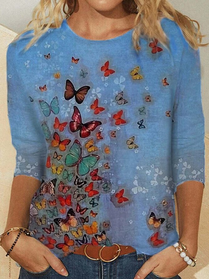 Crew Neck Shift Long Sleeve Butterfly Print Top