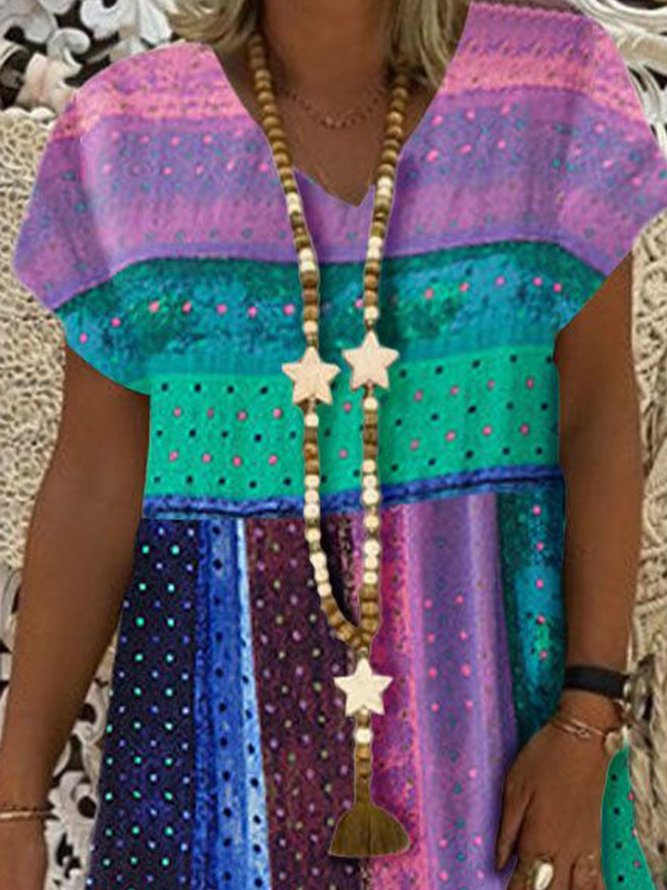 Casual Ombre/tie-Dye Cotton-Blend Short Sleeve Weaving Dress