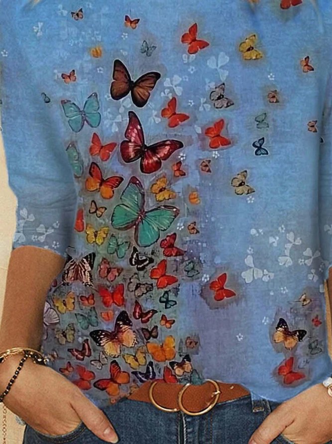 Crew Neck Shift Long Sleeve Butterfly Print Top