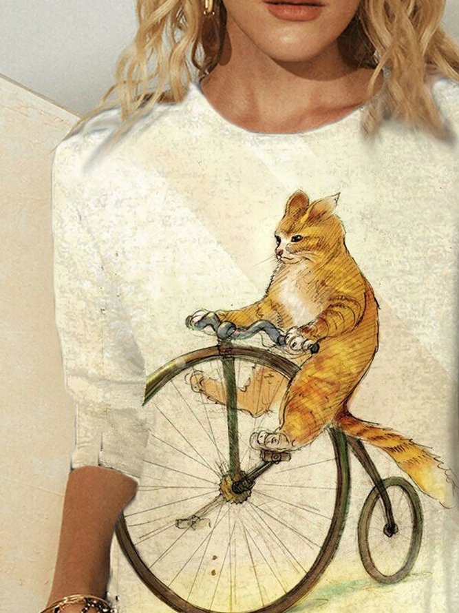 Lovely Cat Print Round-neck Long Casual T-shirt