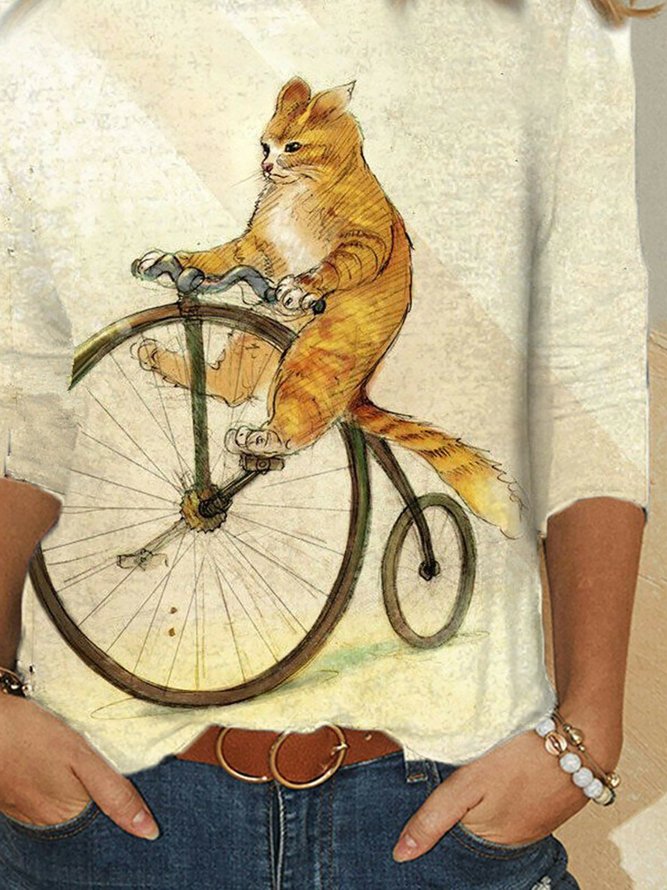 Lovely Cat Print Round-neck Long Casual T-shirt