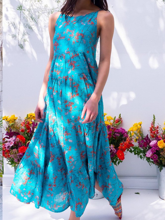 Boho Cold Shoulder Cotton-Blend Floral Weaving Dress