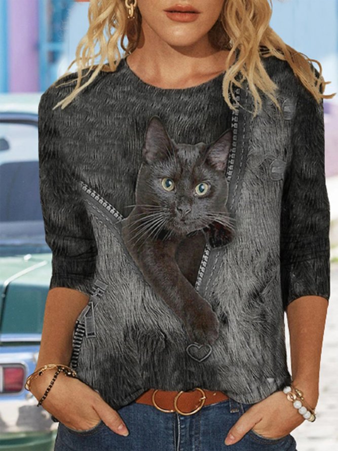 Animal Cat Printed Casual Round Neck T-shirt