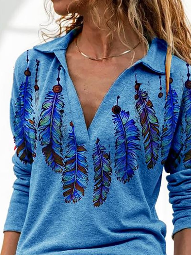 Western Style Feather Printed Long Sleeve V-Neck T-shirt