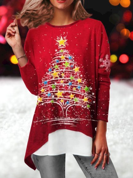 Red Holiday Cotton-Blend Christmas Top