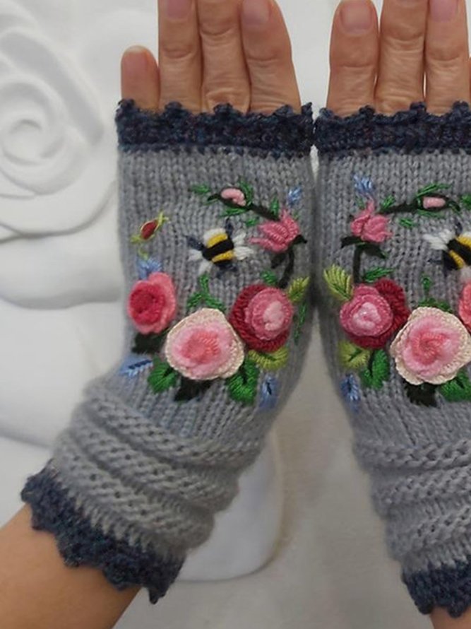 Embroidered Flower Fingerless Gloves Gloves