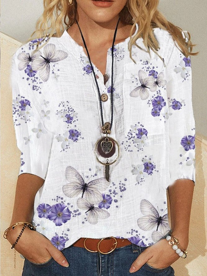 Casual Cotton-Blend 3/4 Sleeve Blouse