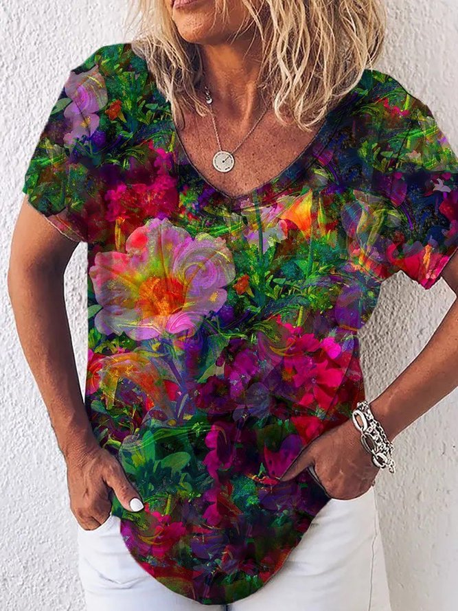 Negative Film Flower Painting Print V-Neck Casual T-shirt