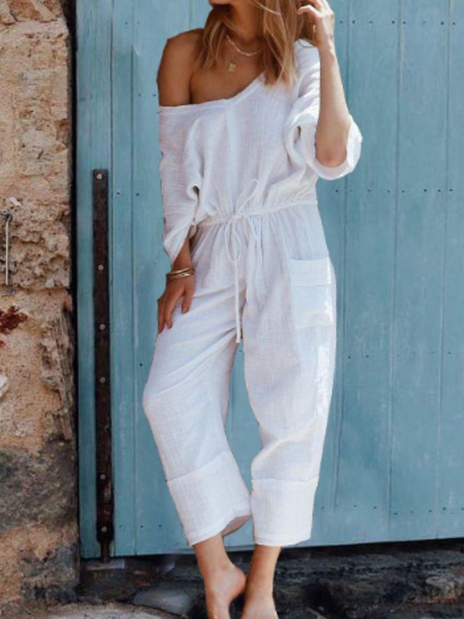Solid Long Sleeve Cotton Casual Jumpsuit & Romper