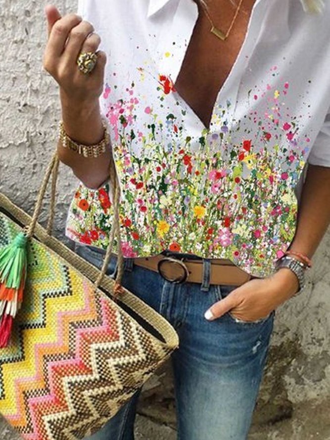 White Short Sleeve Printed Cotton Top