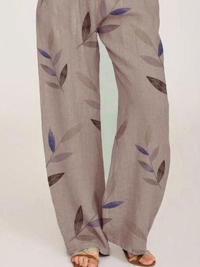 Cotton-Blend Floral-Print Leaves Pants